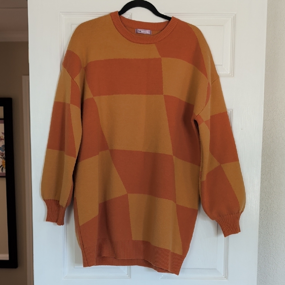 LaLavon Orange and Tan Checkered Sweater